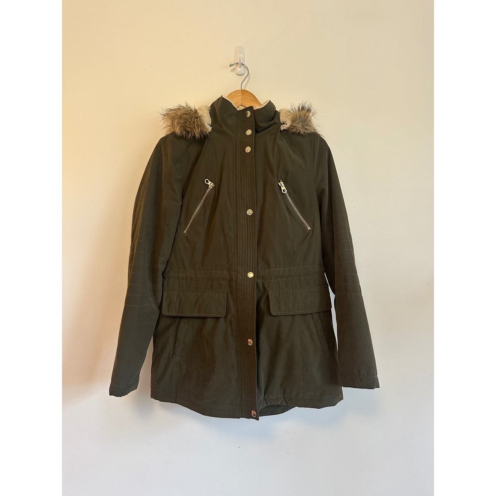 Nautica Olive Green Sherpa Lined Faux Fur Hood Utility Jacket | Size Small